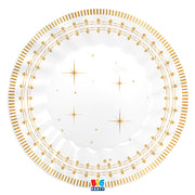 Set di 6 piatti dolce di carta Big Party con schiaccianoci e bordo a righe bianco e oro. Accessorio da tavola per feste, ideale per allestimenti a tema.