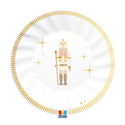 Set di 6 piatti dolce di carta Big Party con schiaccianoci e bordo a righe bianco e oro. Accessorio da tavola per feste, ideale per allestimenti a tema.