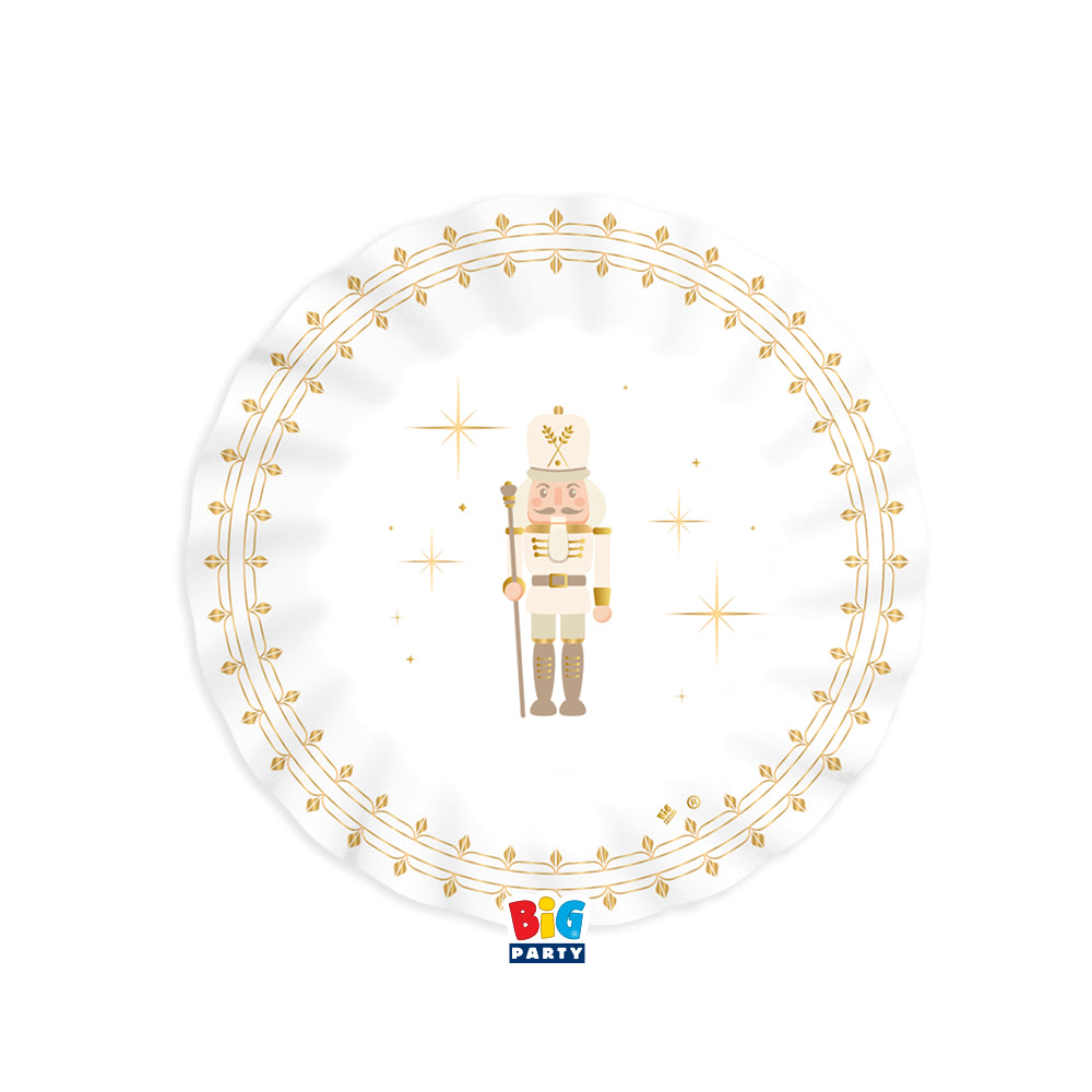 Set di 6 piattini da dolce di carta Big Party con schiaccianoci e bordo bianco e oro. Accessorio da tavola per feste, ideale per allestimenti a tema.