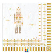 Set di 16 tovaglioli di carta Big Party con schiaccianoci e bordo a righe bianco e oro. Accessorio da tavola per feste, ideale per allestimenti a tema.
