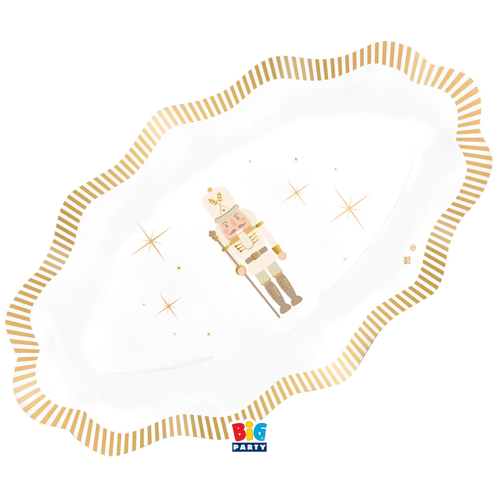 Set di 2 piatti da portata di carta Big Party con schiaccianoci e bordo a righe bianco e oro. Accessorio da tavola per feste, ideale per allestimenti a tema.