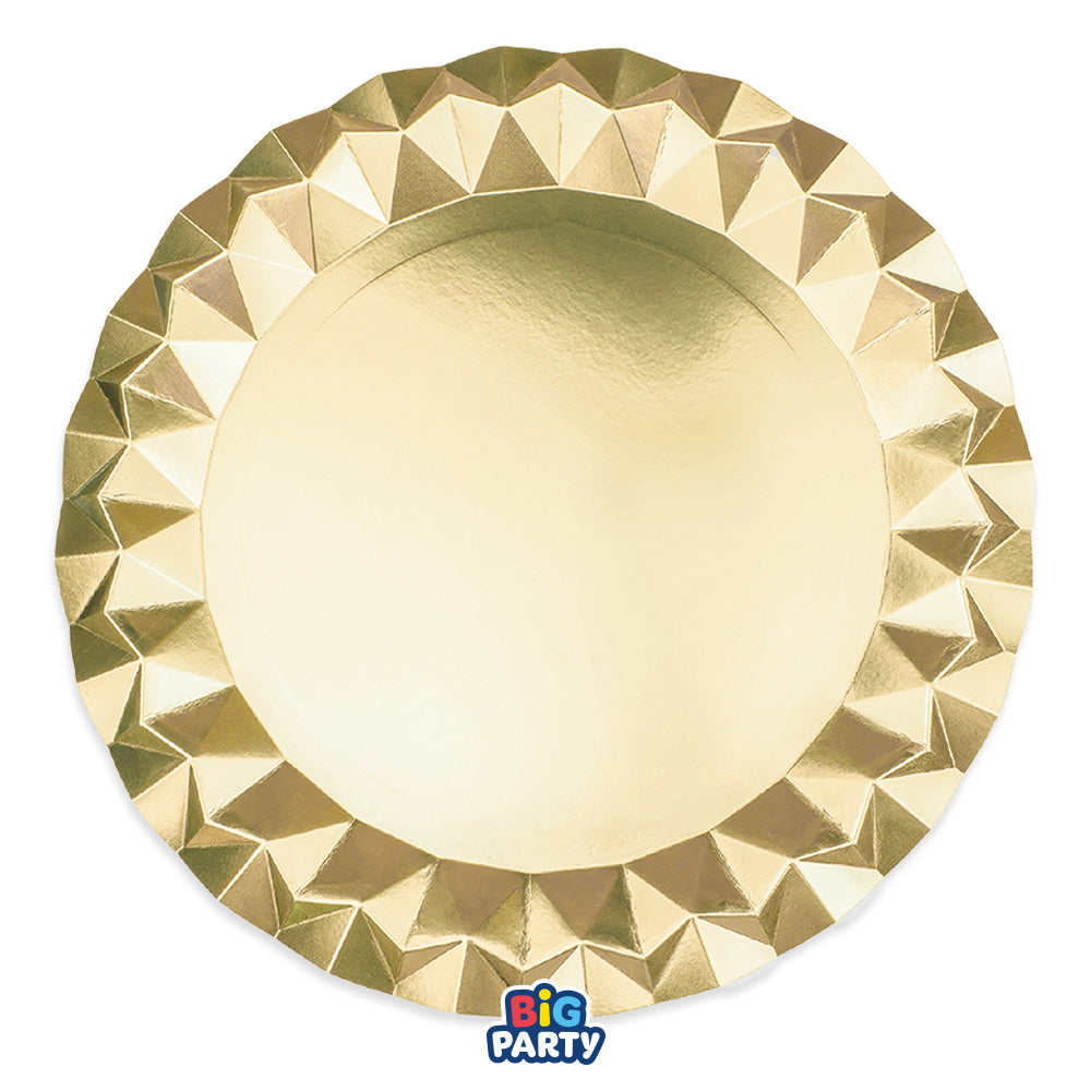 Set di 6 piatti di carta Big Party dorati con bordo in diamanti 3D. Accessorio da tavola per feste, ideale per allestimenti a tema.