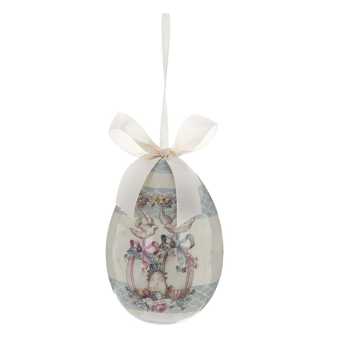 Decorazione pasquale vintage con due colombe bianche che sorreggono una ghirlanda di fiori e fiocco avorio.