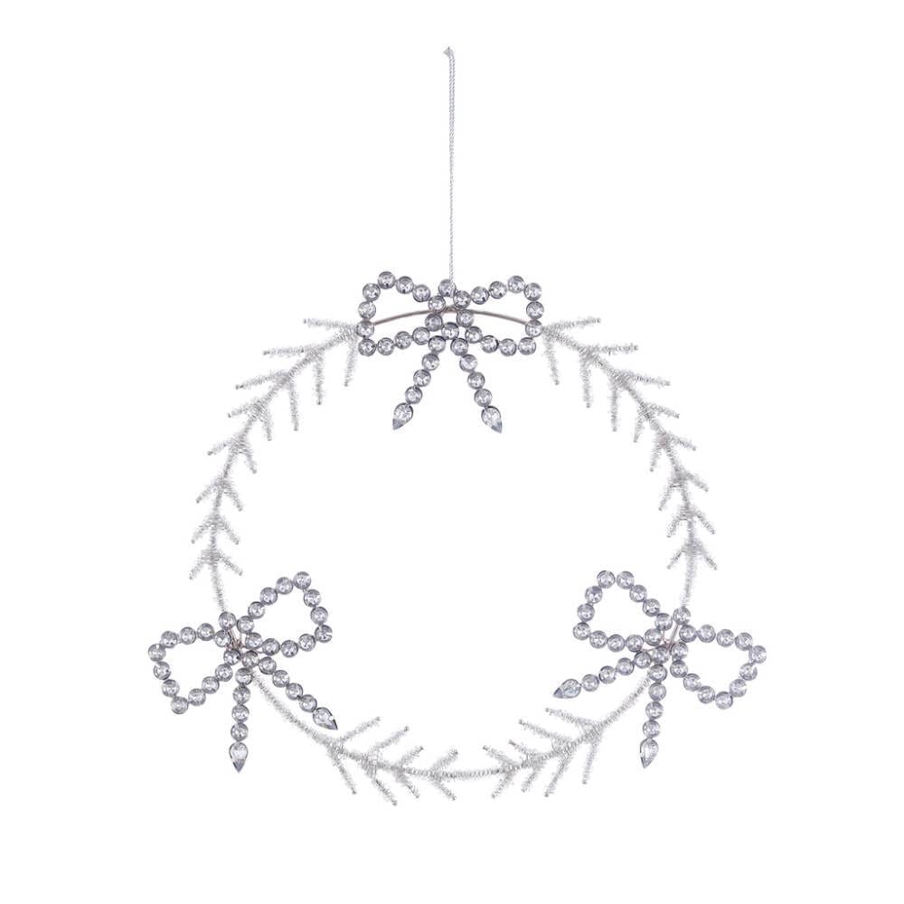 Ghirlanda in metallo con cristalli Argentea blanc mariclò: decorazione natalizia circolare con rametti argentati e filo per appenderla. Tre fiocchi di cristalli trasparenti con pendenti a goccia la rendono elegante e luminosa.