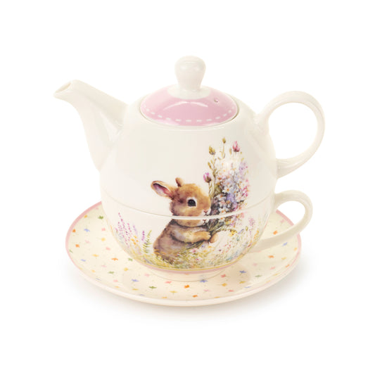 Questo raffinato set teiera con tazza della collezione "Dorothy" di Nuvole di Stoffa è l'accessorio perfetto per un momento di relax in pieno stile shabby chic. Il set "tea for one" presenta un design impilabile salvaspazio, decorato con l'illustrazione di un dolce coniglietto immerso in una ghirlanda di rose e fiori delicati.