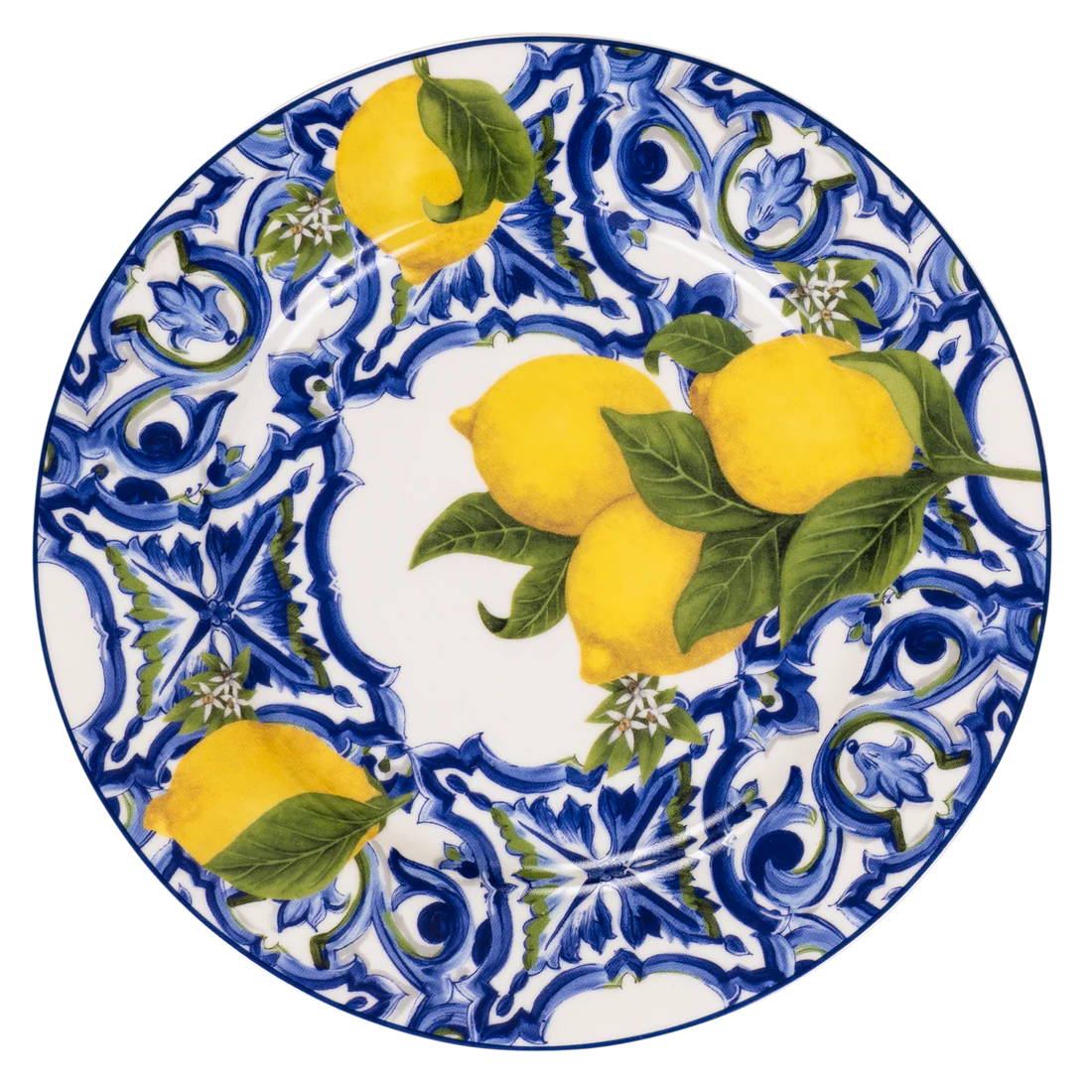 Primo piano di un piattino decorativo in ceramica siciliana. L'immagine evidenzia la precisione dei decori artigianali e la brillantezza dei colori mediterranei, ideale come piattino da dessert o svuotatasche.
