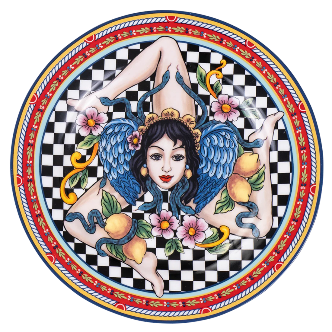 Piattino decorativo in ceramica con complessi motivi a ghirlanda e decori floreali rossi d'ispirazione barocca siciliana. Finitura lucida e bordi finemente decorati.