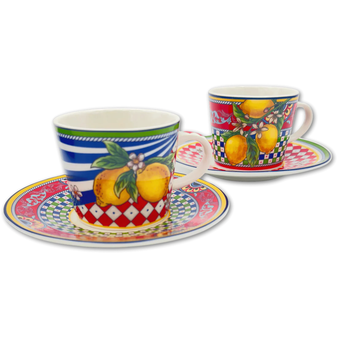 Coppia di tazzine da caffè in ceramica "Fantasia Siciliana" con decoro tradizionale rosso e giallo. Design ispirato alle maioliche e ai carretti siciliani con dettagli geometrici e floreali vibranti.