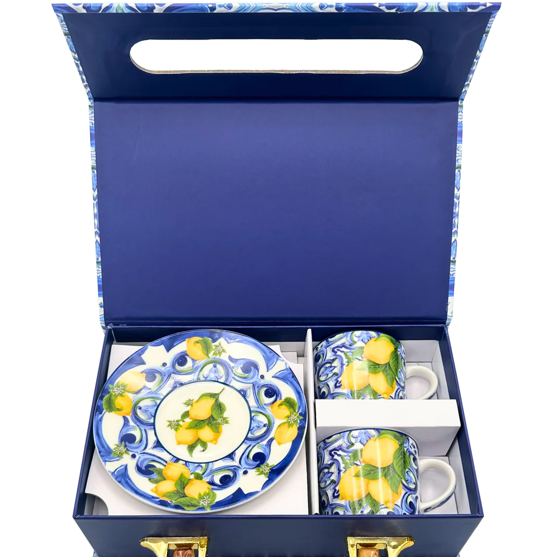 Vista interna del box regalo aperto con set di tazzine blu in ceramica. L'immagine mostra il packaging protettivo sagomato che valorizza il contrasto cromatico tra il blu della scatola e i decori vivaci delle tazzine.