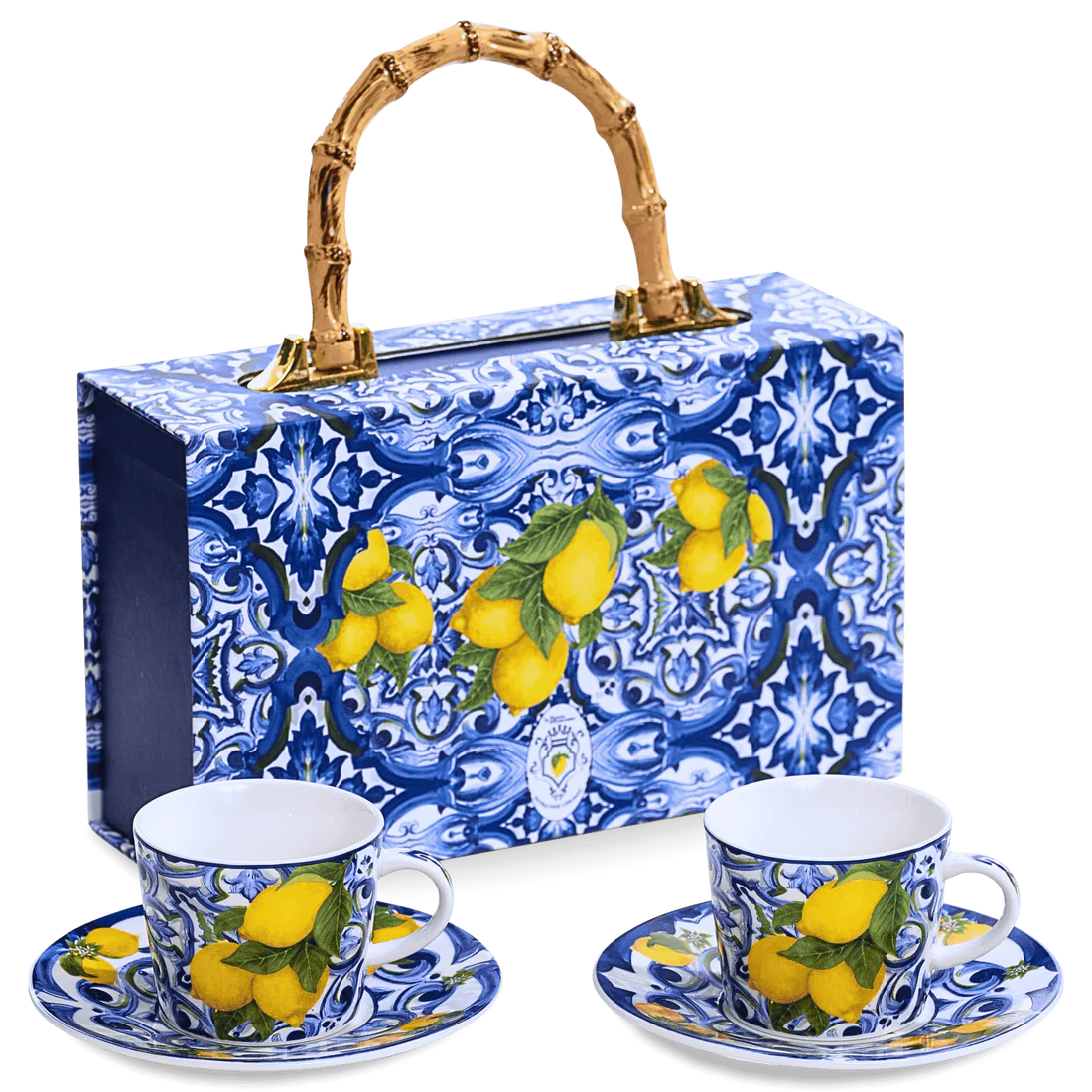 Confezione regalo set 2 tazzine e 2 piattini "Fantasia Siciliana" blu. Box elegante con texture damascata blu notte, perfetta per regali aziendali, testimoni di nozze o amanti dell'home decor siciliano.