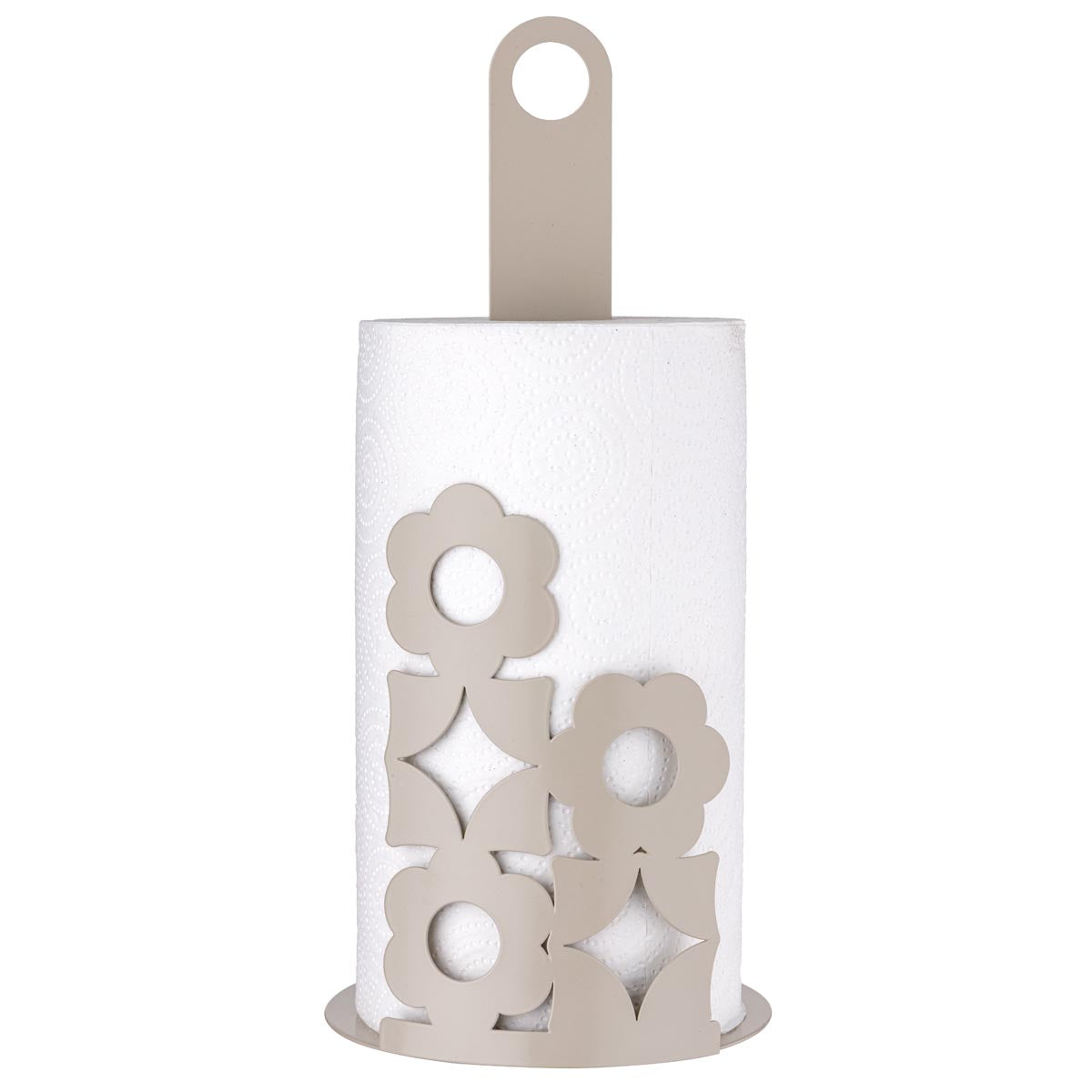 Portarotolo verticale in metallo color tortora con base circolare traforata a motivi floreali e asta centrale, mostrato vuoto e con un rotolo di carta inserito.