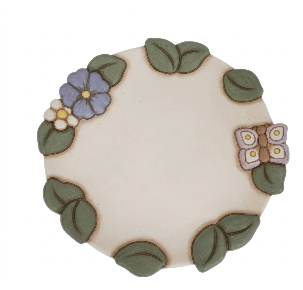 Il Centrotavola Grande Thun è un pregiato piatto in ceramica decorata a mano, impreziosito lungo il bordo da foglie verdi, fiori colorati e una graziosa farfalla in rilievo. Questo elegante complemento d'arredo dal design country è perfetto per decorare la tavola o come idea regalo esclusiva per la casa.