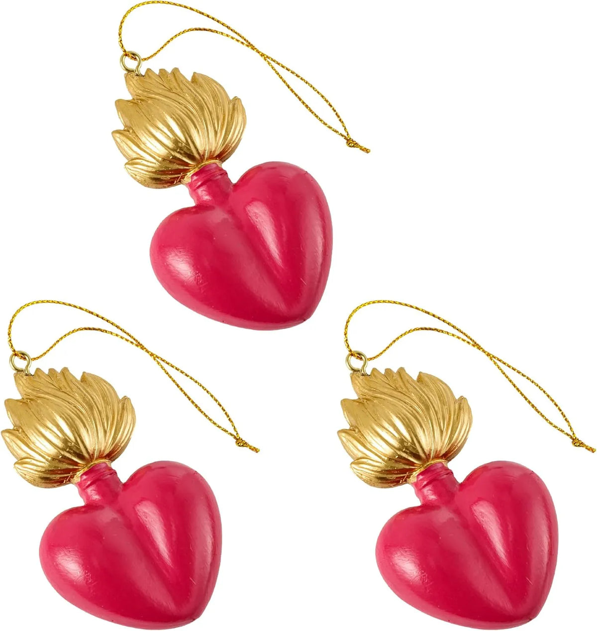 Ciondolo decorativo a forma di cuore sacro votivo, con fiamma dorata superiore, centro smaltato fucisa e nastro dorato per appenderlo, misure 9x5.5 cm. Decoro portafortuna artigianale firmato Montemaggi, ideale come ornamento per l'albero o idea regalo originale.