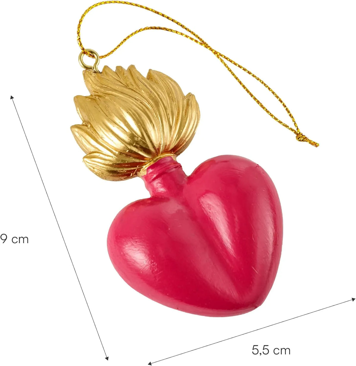 Ciondolo decorativo a forma di cuore sacro votivo, con fiamma dorata superiore, centro smaltato fucisa e nastro dorato per appenderlo, misure 9x5.5 cm. Decoro portafortuna artigianale firmato Montemaggi, ideale come ornamento per l'albero o idea regalo originale.