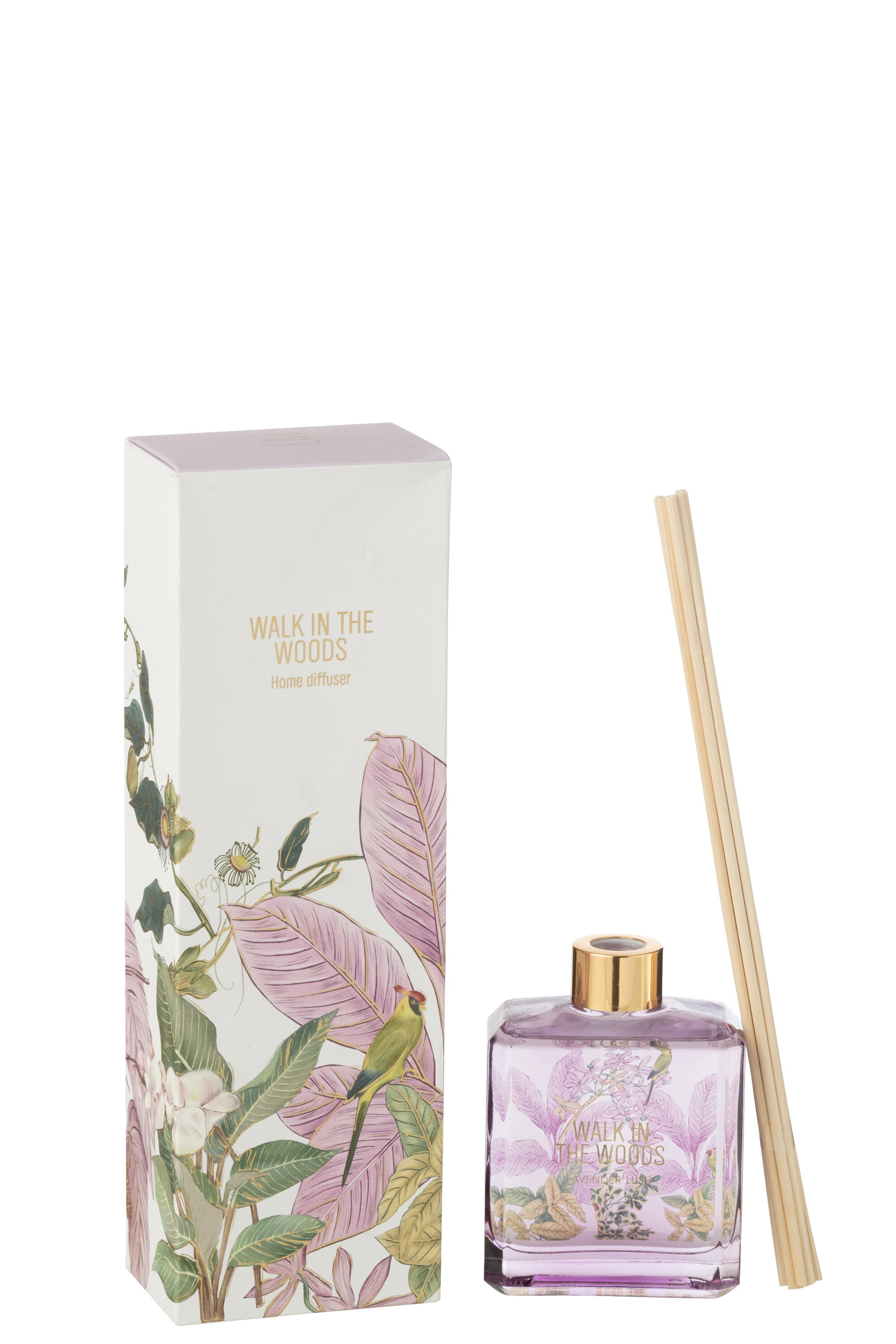 Il Diffusore per Ambienti Walk in the Woods Jolipa è un elegante set composto da una boccetta in vetro viola con bastoncini in legno e una scatola decorata con illustrazioni botaniche di foglie rosa e un uccellino tropicale. Questa profumazione floreale alla mimosa e rosa è ideale per profumare con stile ogni stanza della casa, rappresentando un raffinato elemento di home decor o una perfetta idea regalo.