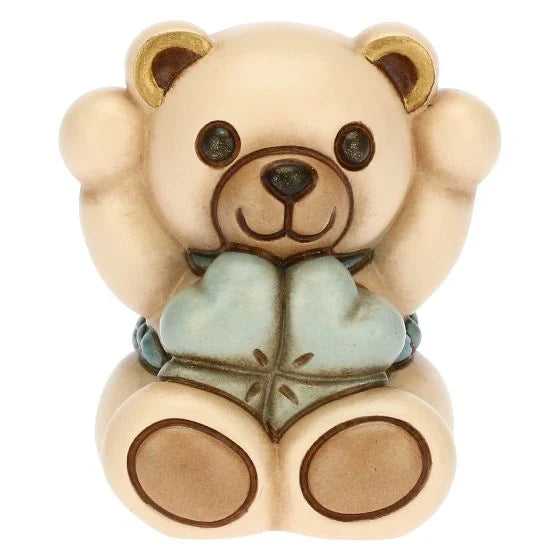 Teddy con Quadrifoglio Celeste Portafortuna in Ceramica, Lui