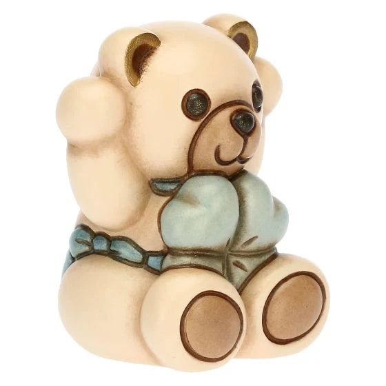 Teddy con Quadrifoglio Celeste Portafortuna in Ceramica, Lui