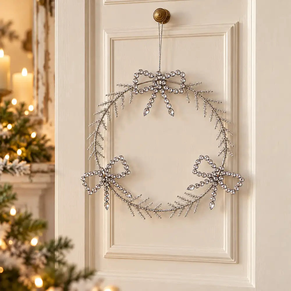 Ghirlanda in metallo con cristalli Argentea blanc mariclò: decorazione natalizia circolare con rametti argentati e filo per appenderla. Tre fiocchi di cristalli trasparenti con pendenti a goccia la rendono elegante e luminosa.
