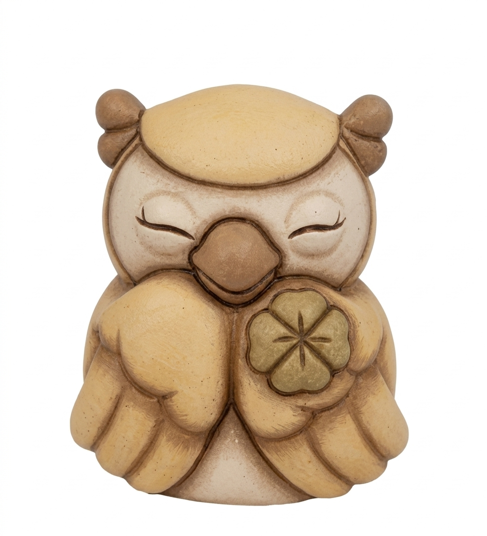 La statuetta Gufo Giallo Quadrifoglio THUN è un pregiato oggetto in ceramica decorata a mano che raffigura un dolce gufetto con il piumaggio giallo e un quadrifoglio portafortuna sul petto. Questo complemento d'arredo artigianale è perfetto per portare un tocco di colore e allegria in ogni ambiente o come idea regalo portafortuna da collezione.