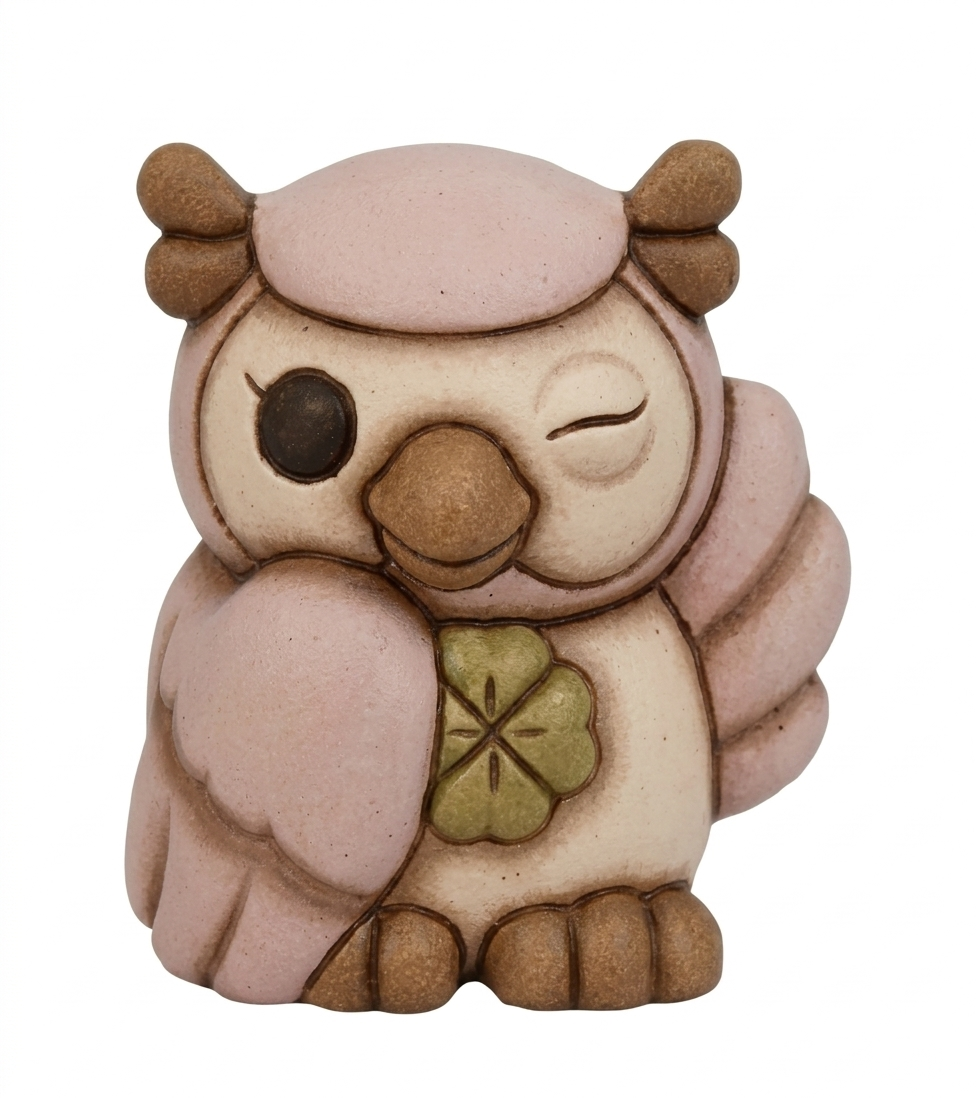 La statuetta Gufo Rosa Quadrifoglio THUN è un soprammobile in ceramica decorata a mano che ritrae un dolce gufetto dalle ali rosa mentre fa l'occhiolino e stringe un quadrifoglio portafortuna. Questa creazione artigianale dai colori pastello è un complemento d'arredo ideale per decorare con tenerezza ogni ambiente o come preziosa idea regalo da collezione.