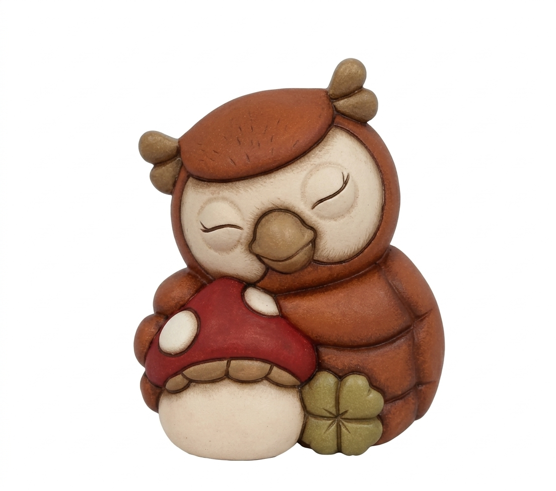 La statuetta Gufo con Fungo THUN è un soprammobile in ceramica decorata a mano che ritrae un tenero gufetto addormentato mentre abbraccia un fungo rosso e un quadrifoglio portafortuna. Questa creazione artigianale dai toni caldi del marrone è un complemento d'arredo perfetto per decorare la casa o come preziosa idea regalo da collezione.