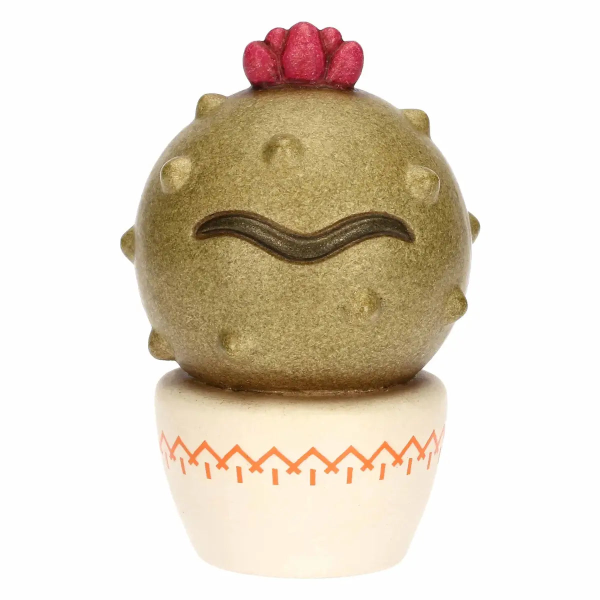 Mini cactus decorativo Thun in ceramica con fiore rosso sulla sommità, caratterizzato dall'iconico sopracciglio stilizzato ispirato alla pittrice Frida Kahlo. Questa piccola statuina ornamentale poggia su un vasetto bianco con decori etnici arancioni, rappresentando un'originale idea regalo da collezione per decorare con stile e allegria.