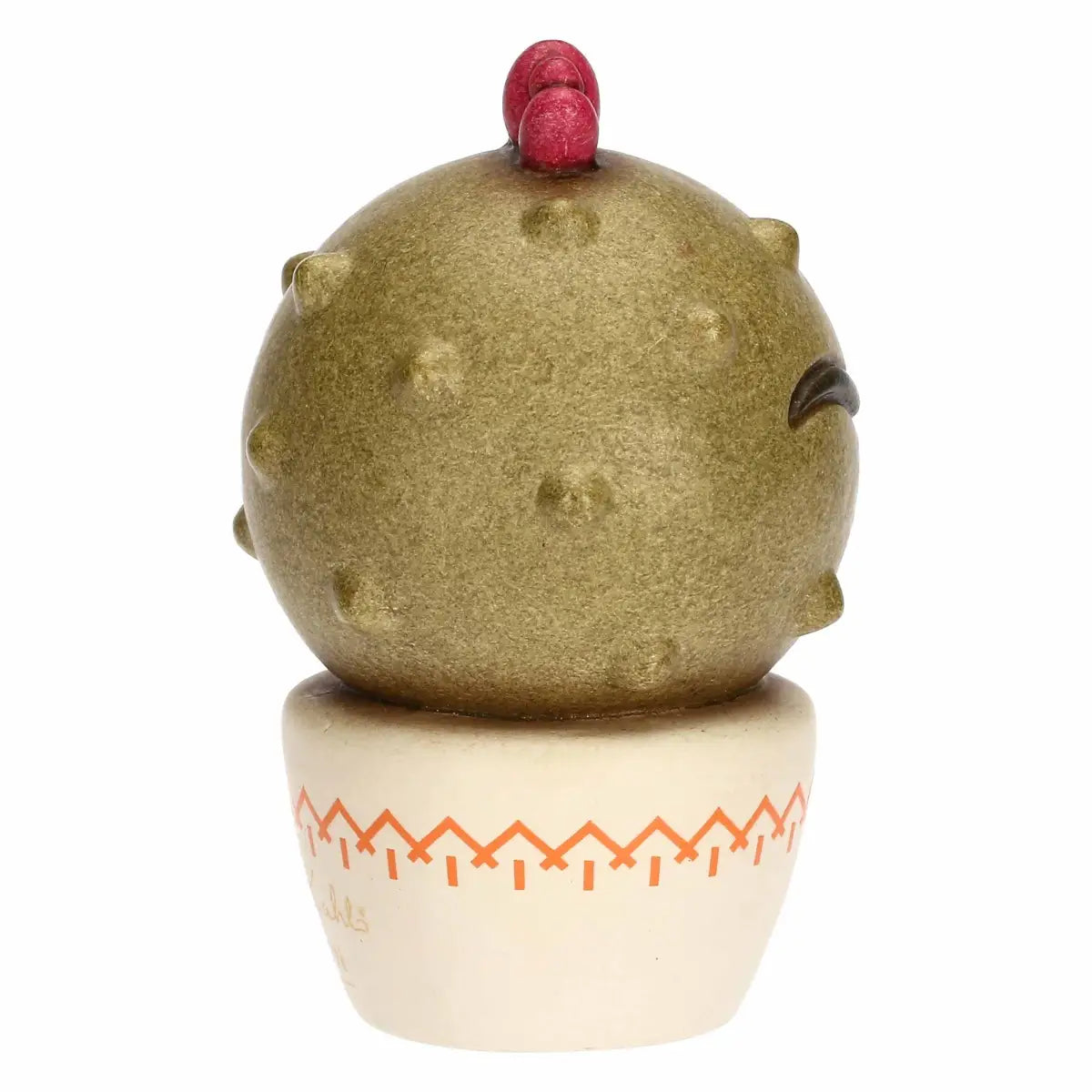 Mini cactus decorativo Thun in ceramica con fiore rosso sulla sommità, caratterizzato dall'iconico sopracciglio stilizzato ispirato alla pittrice Frida Kahlo. Questa piccola statuina ornamentale poggia su un vasetto bianco con decori etnici arancioni, rappresentando un'originale idea regalo da collezione per decorare con stile e allegria.