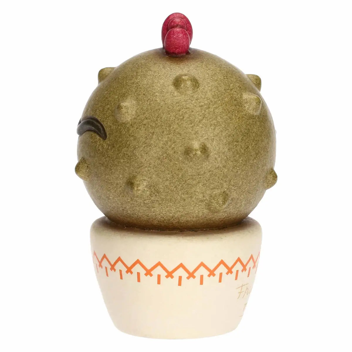 Mini cactus decorativo Thun in ceramica con fiore rosso sulla sommità, caratterizzato dall'iconico sopracciglio stilizzato ispirato alla pittrice Frida Kahlo. Questa piccola statuina ornamentale poggia su un vasetto bianco con decori etnici arancioni, rappresentando un'originale idea regalo da collezione per decorare con stile e allegria.