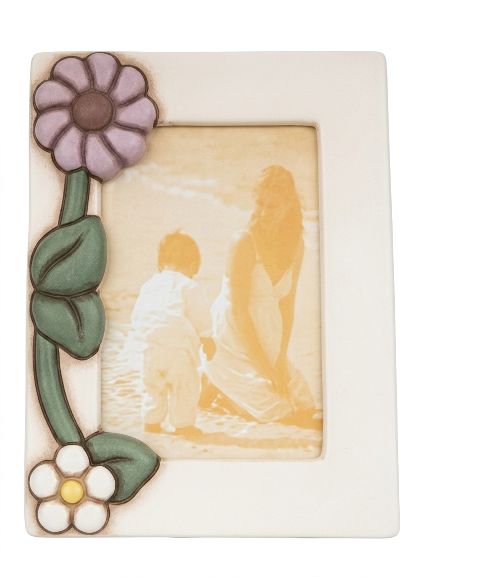 Il Portafoto Medio Calendula THUN è una cornice in ceramica decorata a mano impreziosita da un’applicazione floreale in rilievo con un grande fiore lilla e una margherita bianca lungo il bordo sinistro. Questo elegante complemento d'arredo rappresenta una perfetta idea regalo per conservare i ricordi più cari con l'inconfondibile stile artigianale del marchio.