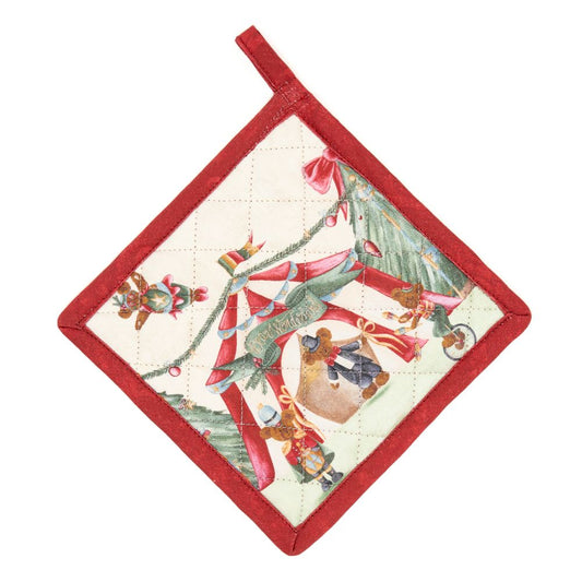 Presina natalizia trapuntata a piccoli quadri con illustrazione di un tendone da circo rosso e bianco sormontato da un nastro verde. La scena include orsetti vestiti da artisti circensi e un bordo rosso intenso con asola coordinata per appenderla.