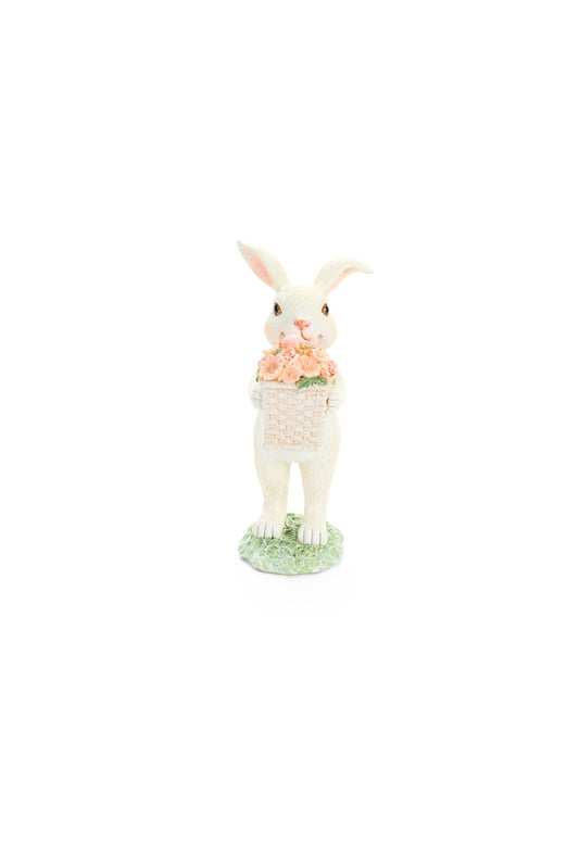 Questa graziosa statuina decorativa in resina della linea Rabbit PePen di Nuvole di Stoffa raffigura un tenero coniglio bianco che sorregge un cestino intrecciato colmo di fiori rosati. Il design dettagliato e i colori pastello rendono questo coniglio ornamentale un complemento d'arredo perfetto per decorazioni pasquali o per arricchire con dolcezza uno scaffale in stile shabby chic. Realizzata con cura artigianale, questa figura decorativa è un'ottima idea regalo 