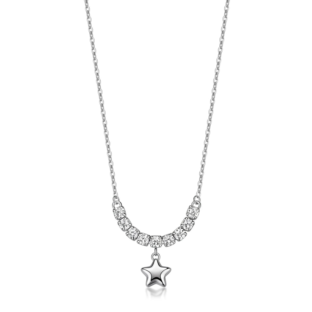 Collana con catena sottile argentata, fila di cristalli incastonati e ciondolo a forma di stella liscia. Gioiello delicato ideale per l'uso quotidiano e come idea regalo.