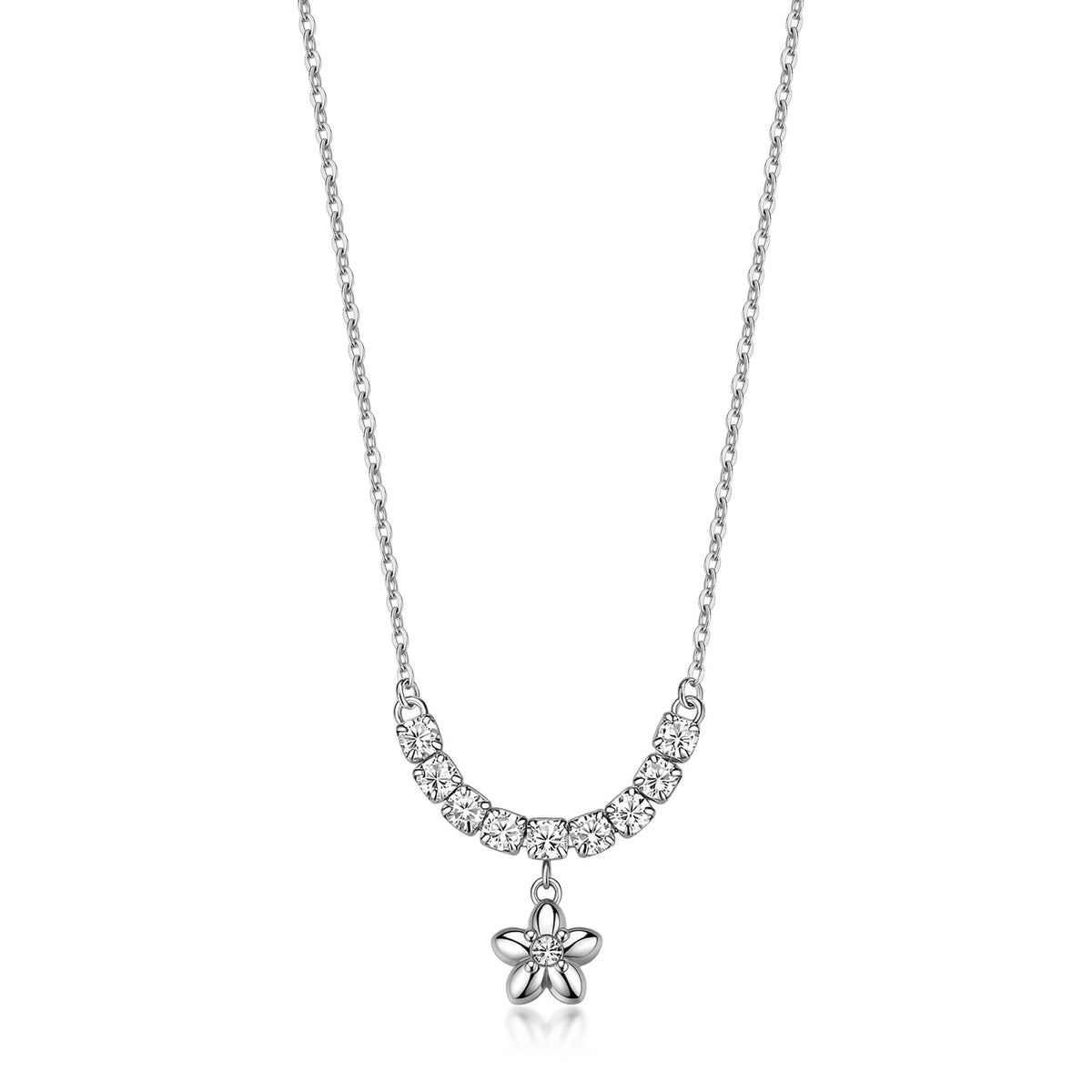 Collana con catena sottile argentata, fila di cristalli incastonati e ciondolo a forma di fiore con un cristallo centrale. Gioiello delicato ideale per l'uso quotidiano e come idea regalo.