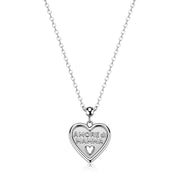 Collana in acciaio con pendente a cuore lucido che riporta l'incisione "Amore di Mamma" e un piccolo cuore, con catena a maglia rollò.
