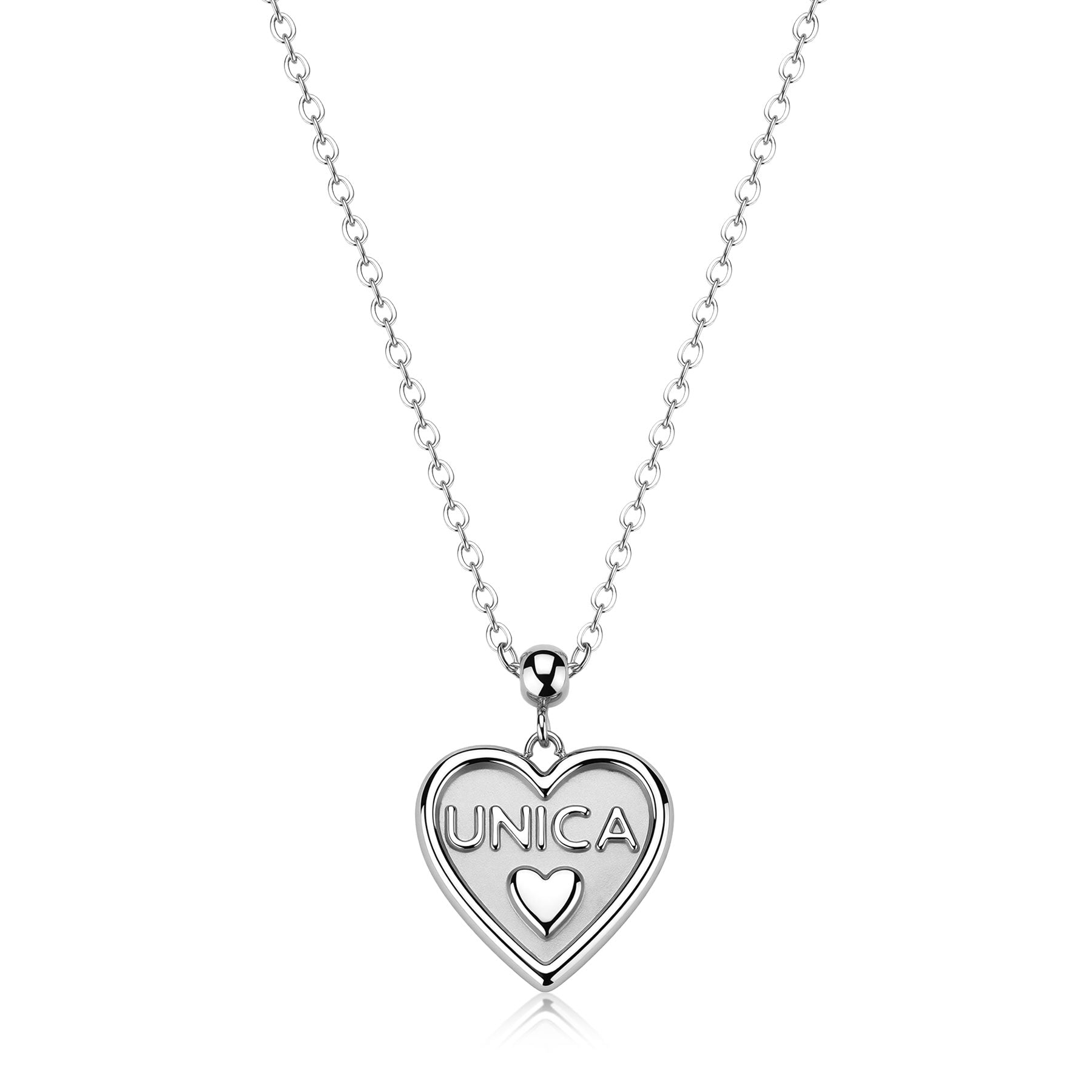 Collana in acciaio con pendente a cuore lucido che riporta l'incisione "Unica" e un piccolo cuore, dotata di catena rollò regolabile.