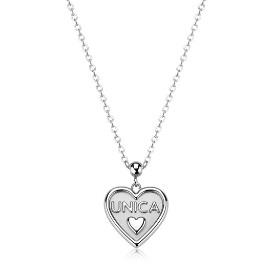 Collana in acciaio con pendente a cuore lucido che riporta l'incisione "Unica" e un piccolo cuore, dotata di catena rollò regolabile.
