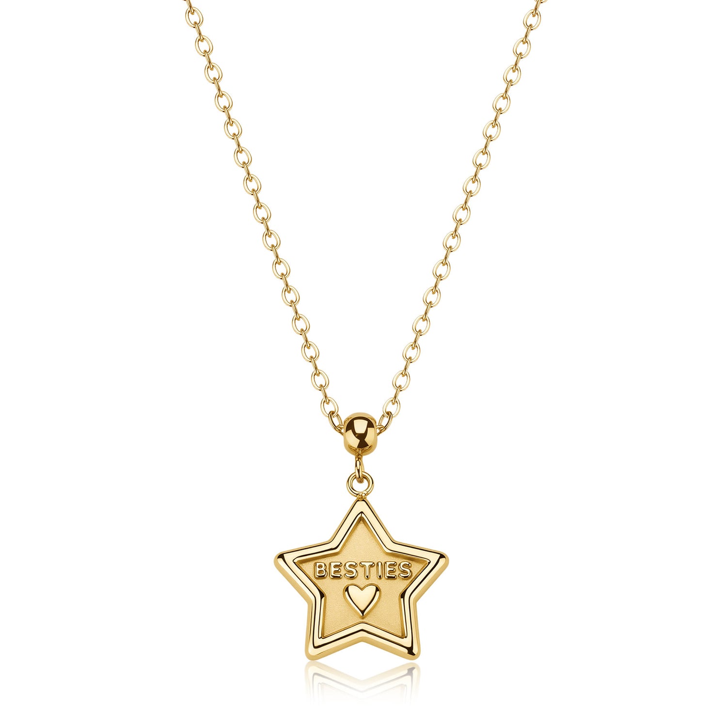 Collana con finitura oro e pendente a stella lucida recante l'incisione "Besties" e un piccolo cuore, dotata di catena rollò regolabile.