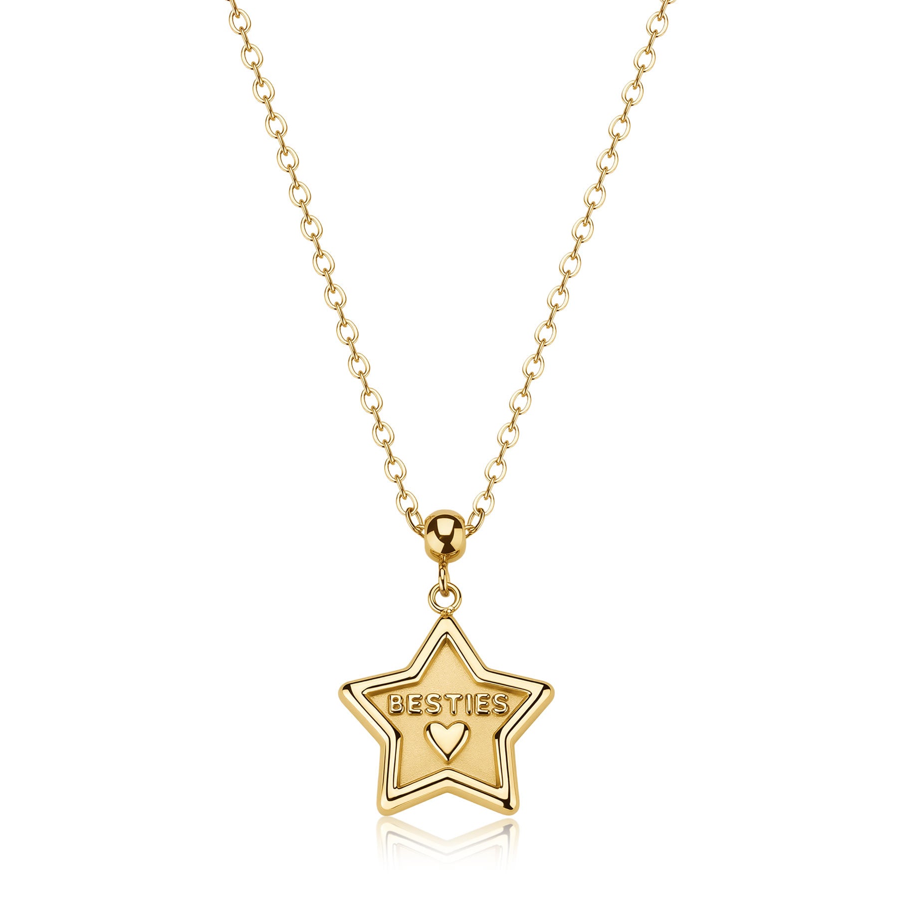 Collana con finitura oro e pendente a stella lucida recante l'incisione "Besties" e un piccolo cuore, dotata di catena rollò regolabile.