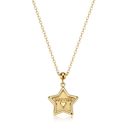 Collana con finitura oro e pendente a stella lucida recante l'incisione "Besties" e un piccolo cuore, dotata di catena rollò regolabile.