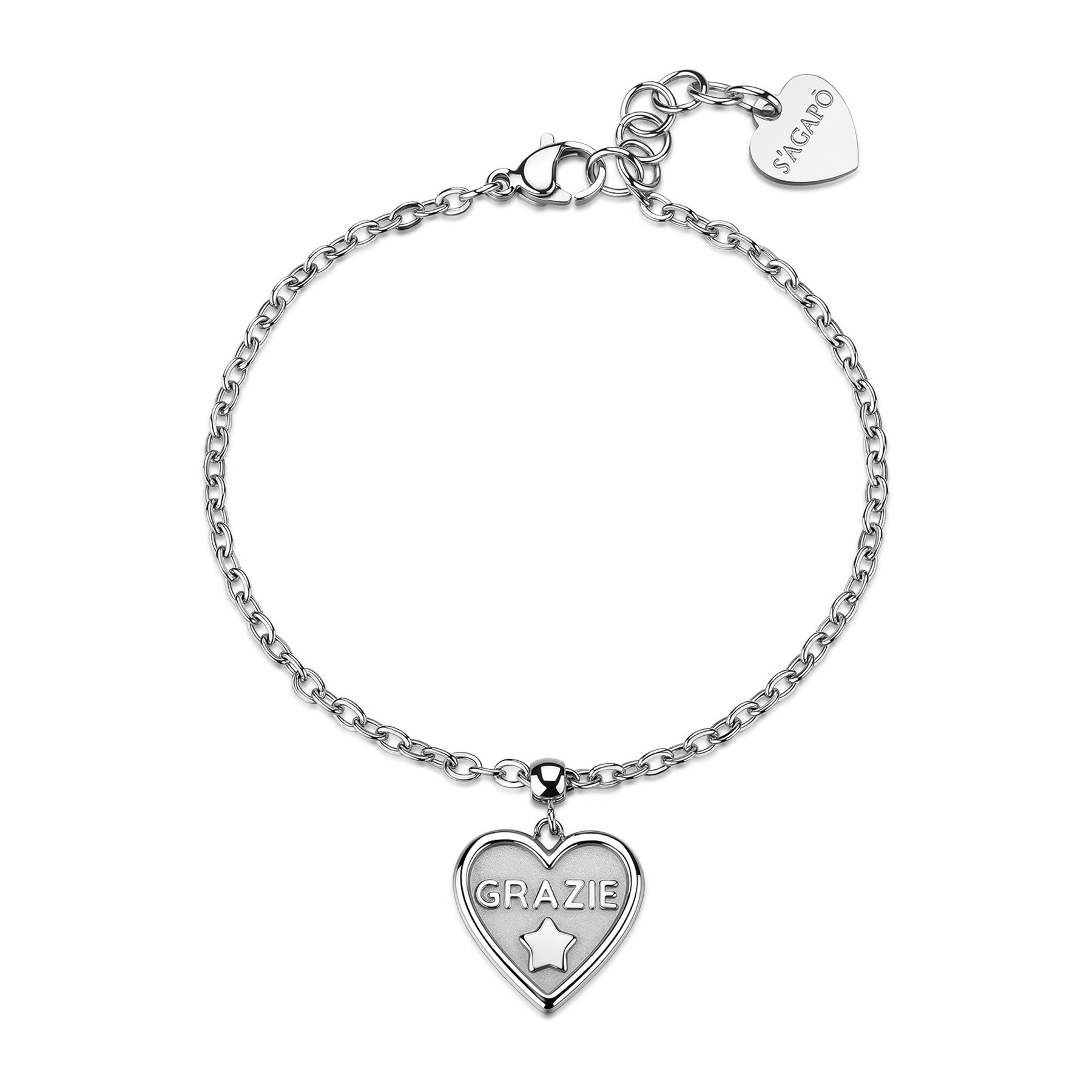 Bracciale a catenina in acciaio anallergico S'agapò della collezione Duh Duh caratterizzato da un pendente a forma di cuore con incisione centrale Grazie e un piccolo dettaglio a stella in rilievo. Il gioiello presenta una chiusura a moschettone regolabile rifinita da un piccolo charm terminale a cuore con il logo S'agapò inciso su superficie lucida.