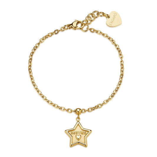 Braccaile con finitura oro e pendente a stella lucida recante l'incisione "Besties" e un piccolo cuore, dotata di catena rollò regolabile.