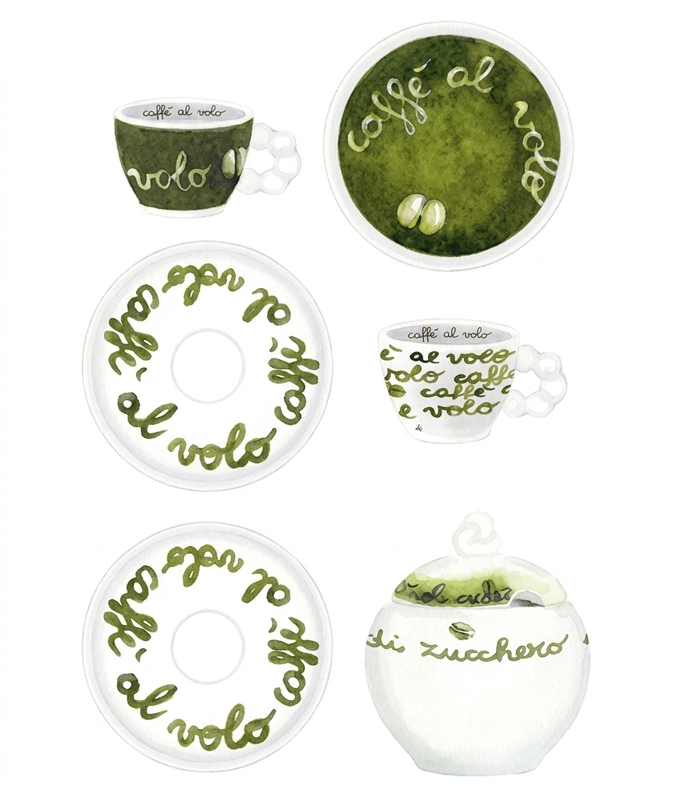 Il Set 2 Tazzine e Zuccheriera Caffealvolo Thun è un servizio in porcellana bianca caratterizzato da un design moderno con scritte calligrafiche artistiche e sfumature di verde. Il set comprende una zuccheriera decorata, due tazzine da espresso con l'iconico manico a forma di nuvola e piattini coordinati, ideale per una pausa caffè di stile o come vivace idea regalo.