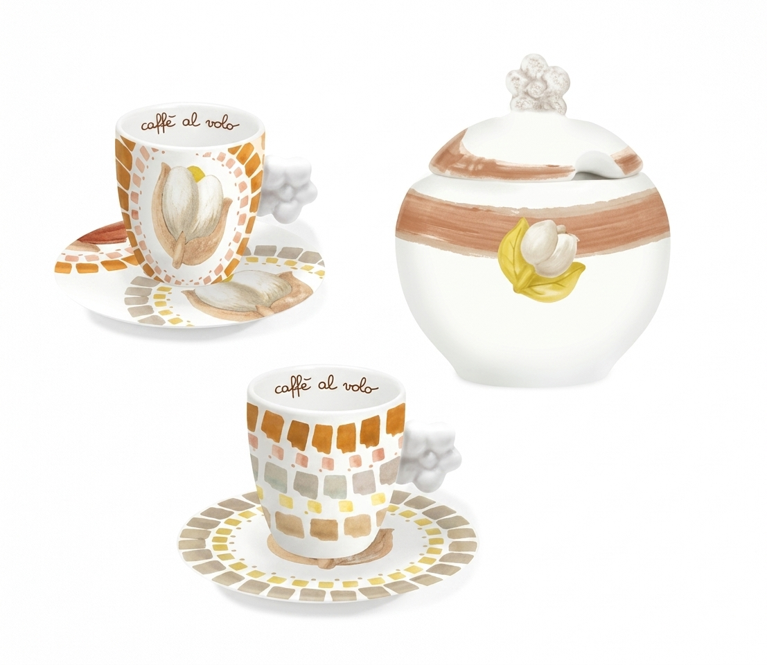 Il Set 2 Tazzine e Zuccheriera "Tulipani" Thun è un servizio da caffè in porcellana bianca decorato con raffinati motivi floreali e mosaici nei toni ambrati e marroni. Il set comprende una zuccheriera con tulipano in rilievo e due tazzine coordinate con manico a forma di nuvola, ideale per arricchire la tua cucina con l'eleganza iconica del marchio.