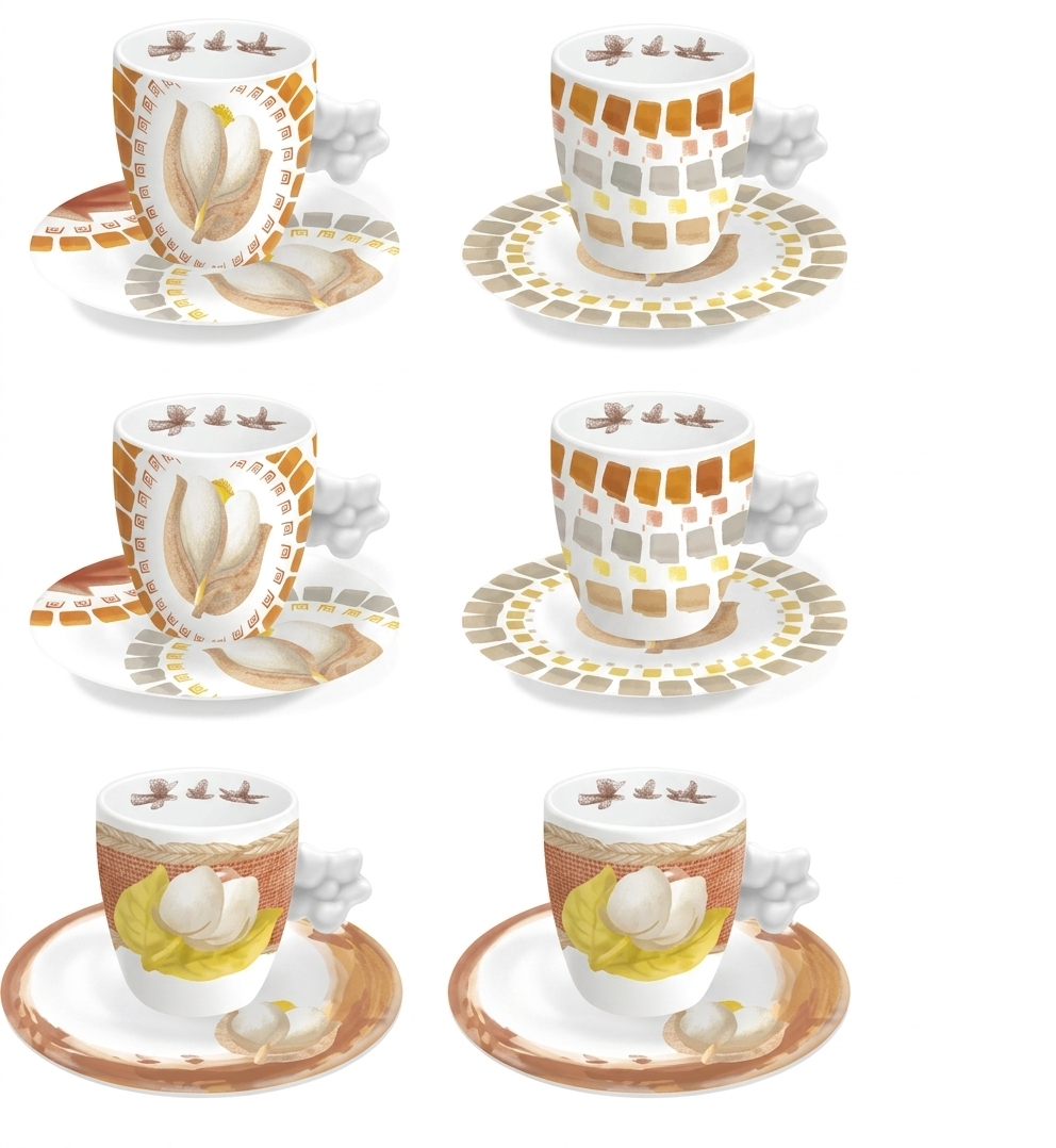 Il Set 6 Tazzine Espresso Tulipani presenta eleganti decorazioni a mosaico e motivi floreali con tulipani bianchi nei toni caldi del marrone e dell'ambra. Caratterizzate da un originale manico a forma di nuvola, queste tazzine in porcellana con piattini coordinati sono ideali per servire il caffè con un tocco di stile naturale e ricercato.
