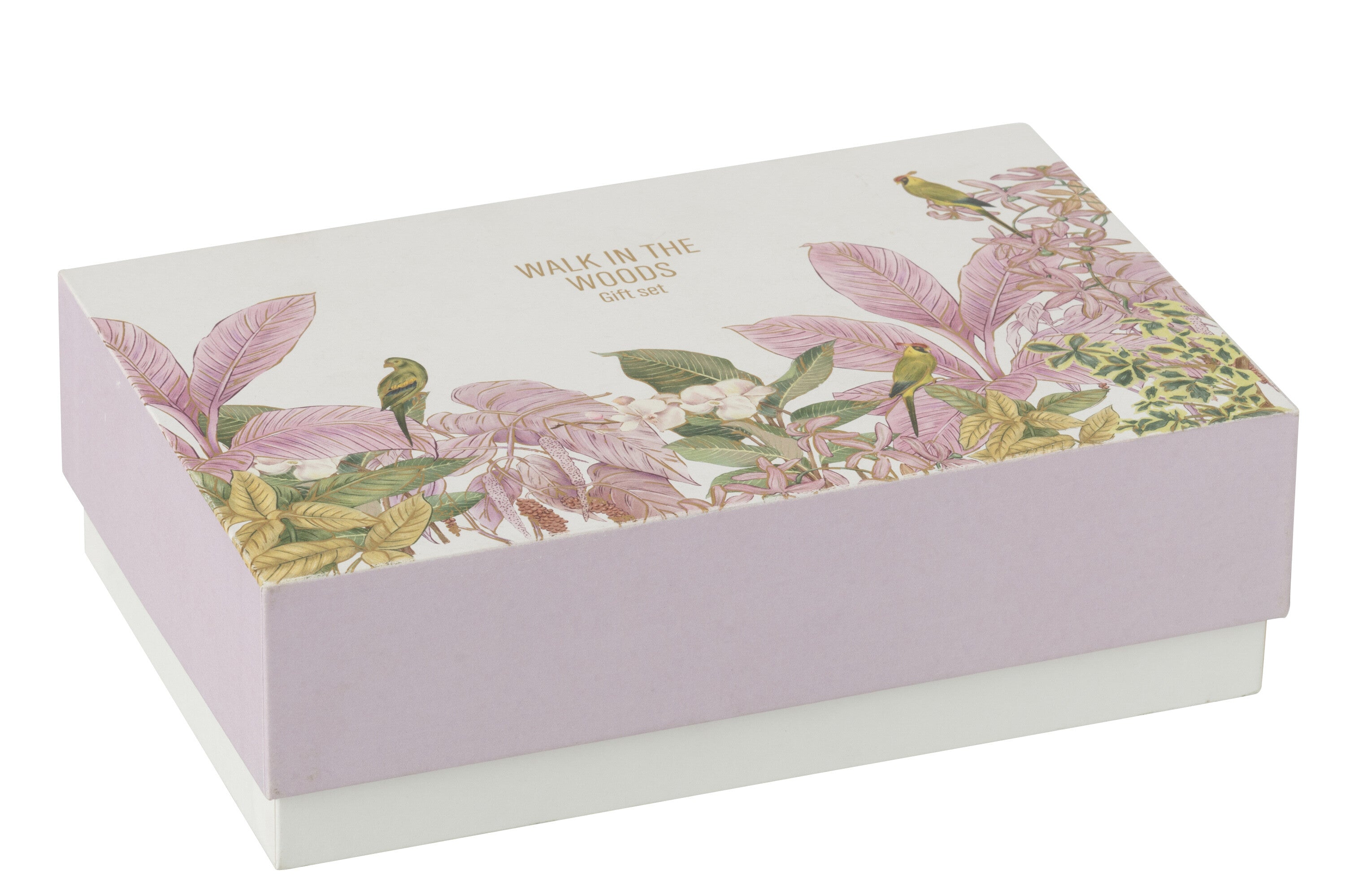 Il Set Regalo Candela e Diffusore Walk in the Woods Jolipa è un elegante cofanetto benessere che include una candela profumata e un diffusore di fragranza in vasi di vetro lilla con decorazioni botaniche. La confezione regalo raffinata con motivi di uccellini e foglie tropicali rosa rende questo kit perfetto per profumare la casa con stile o come pensiero speciale per l'home decor.