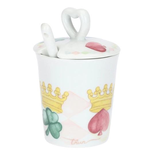 Zuccheriera con Cucchiaio in porcellana Thun collezione Incanto di Primavera. Design con motivo a rombi azzurro e bianco decorato con icone di chiavi dorate a forma di cuore e cuori pastello. 