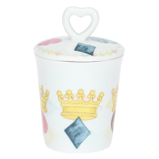 Zuccheriera con Cucchiaio in porcellana Thun collezione Incanto di Primavera. Design con motivo a rombi azzurro e bianco decorato con icone di chiavi dorate a forma di cuore e cuori pastello. 