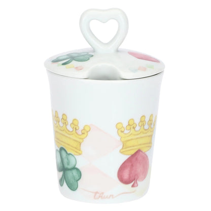 Zuccheriera con Cucchiaio in porcellana Thun collezione Incanto di Primavera. Design con motivo a rombi azzurro e bianco decorato con icone di chiavi dorate a forma di cuore e cuori pastello. 