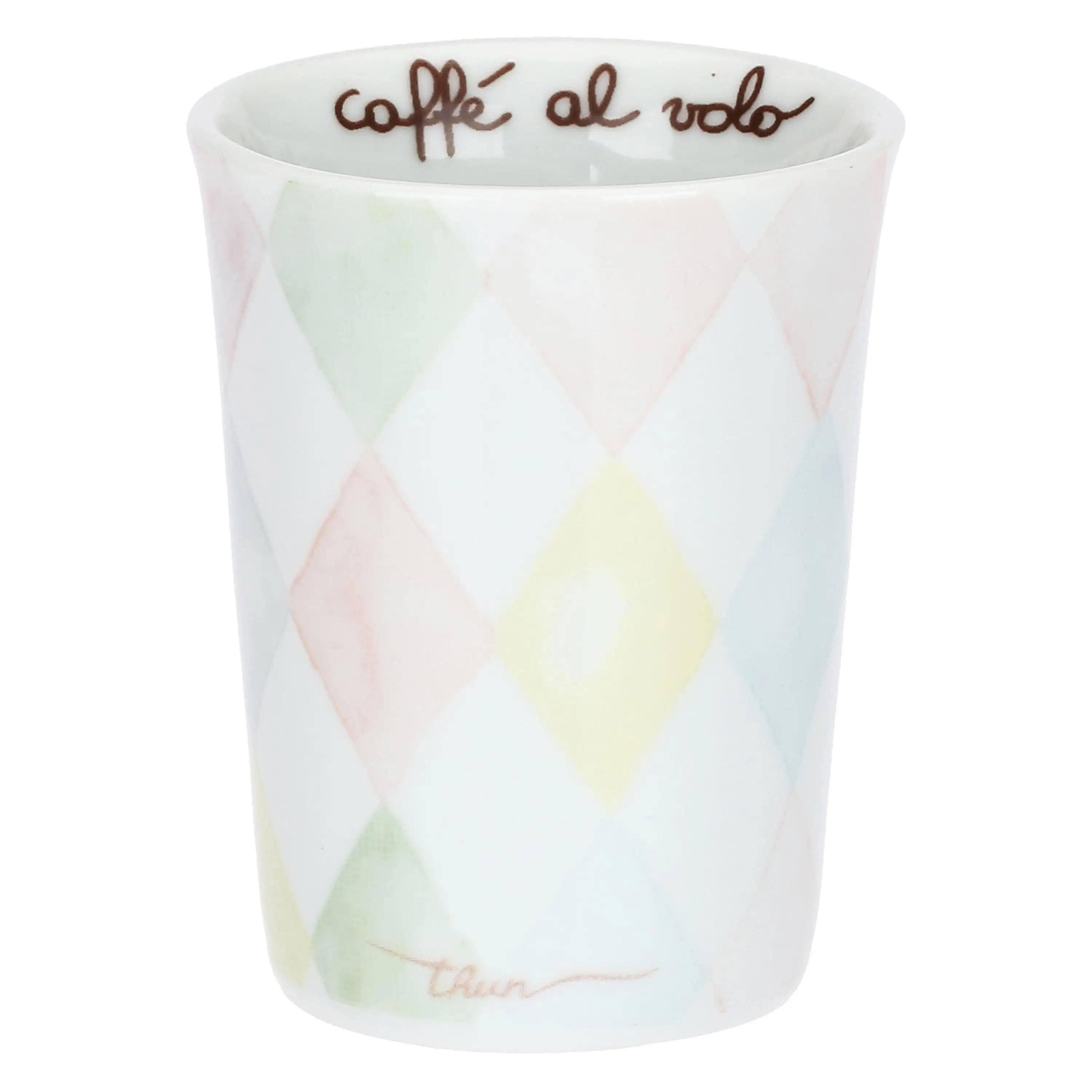 Caffeini in porcellana Thun collezione Incanto di Primavera. Design con motivo a rombi azzurro e bianco decorato con icone di chiavi dorate a forma di cuore e cuori pastello. Scritta interna "caffè al volo".