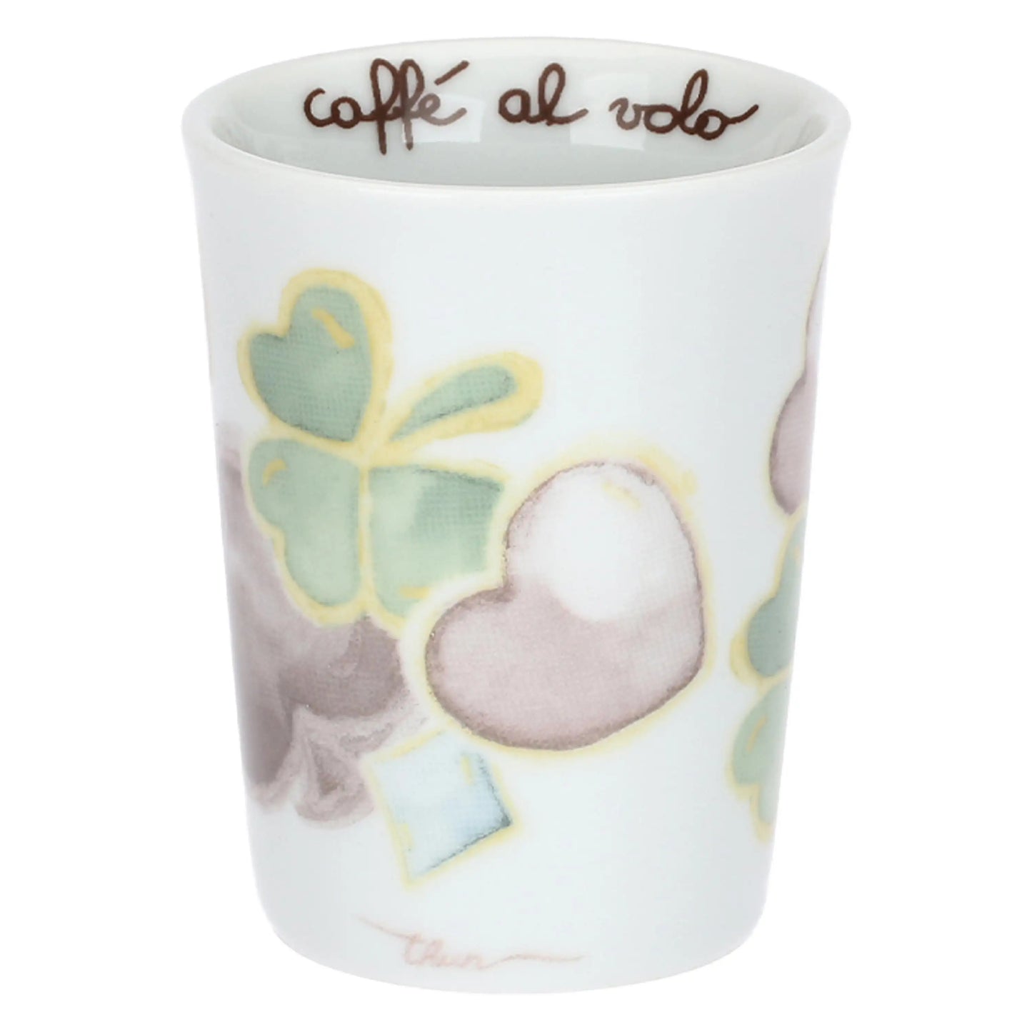 Caffeini in porcellana Thun collezione Incanto di Primavera. Design con motivo a rombi azzurro e bianco decorato con icone di chiavi dorate a forma di cuore e cuori pastello. Scritta interna "caffè al volo".
